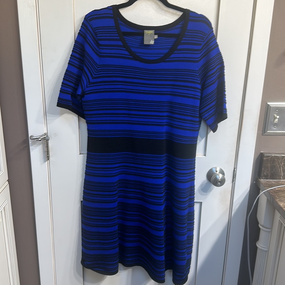 Taylor- Royal blue with black stripes dress. Textured fabric stretch knit.